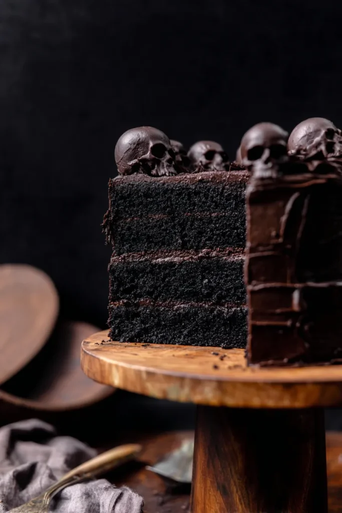 Halloween Chocolate Cake Recipe – Spooky & Delicious Treat 19 Slice of black velvet Halloween chocolate cake with chocolate skulls