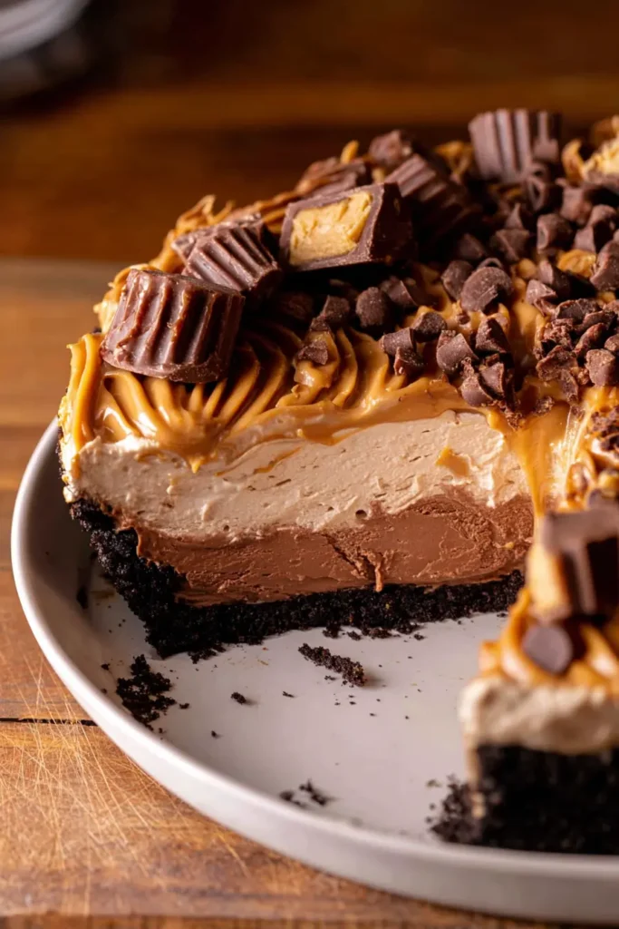 Sliced no-bake chocolate peanut butter pie showing mousse layers and toppings