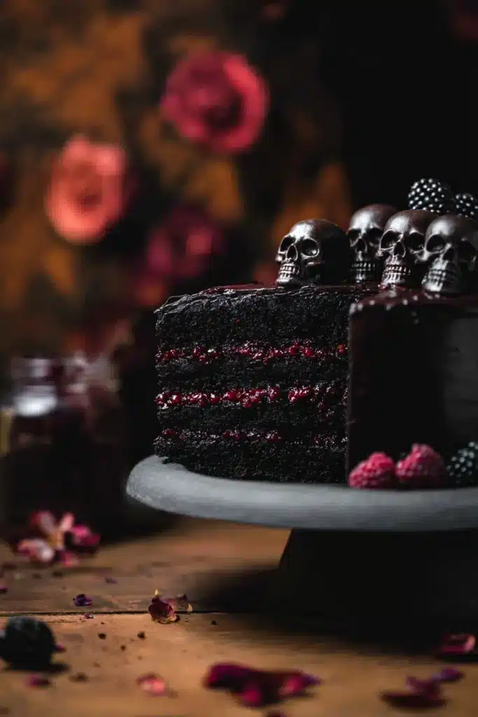 Spooky Black Velvet Halloween Cake slice with blackberry compote and chocolate skulls
