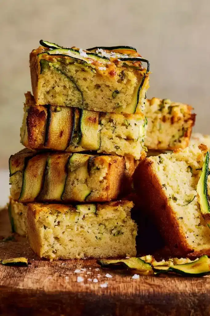 Zucchini Cheese Muffin Slab – Easy & Delicious Recipe 8 Stacked slices of zucchini cheese muffin slab on wooden board