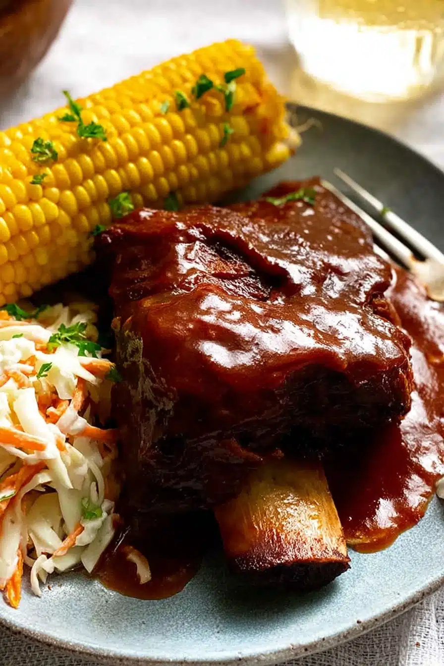 Slow cooked beef ribs in BBQ sauce with corn and coleslaw on a plate