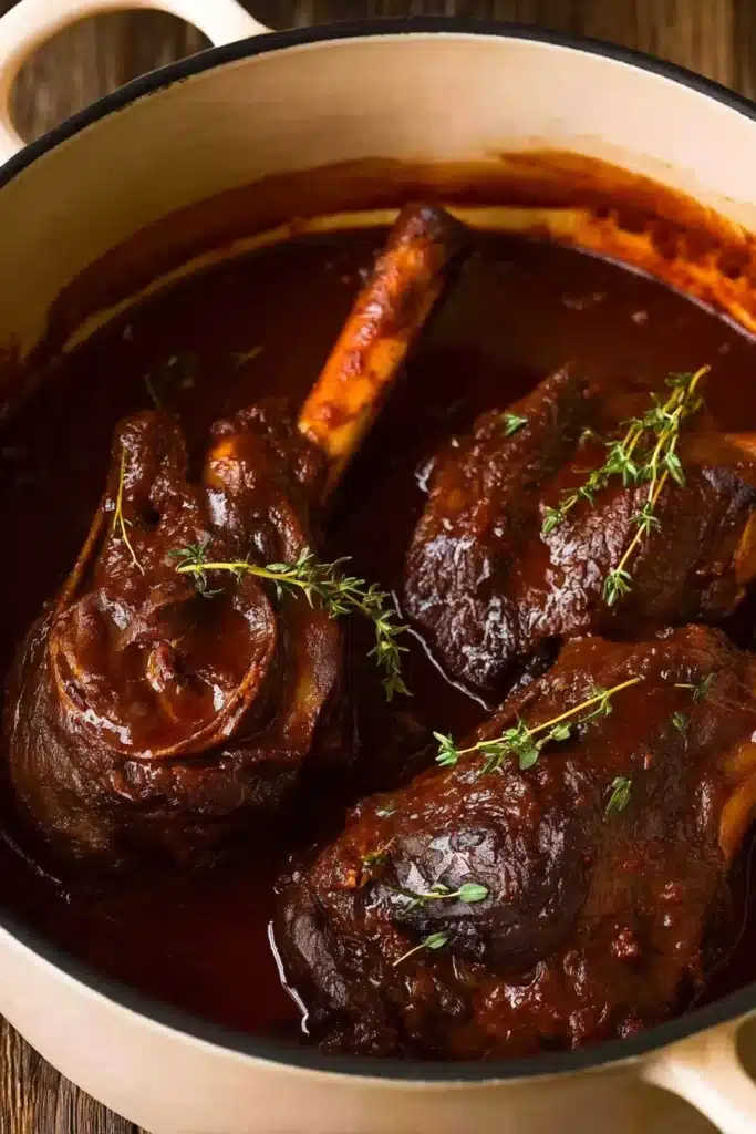 Slow Cooked Lamb Shanks in Red Wine Sauce served with thyme in a rustic pot