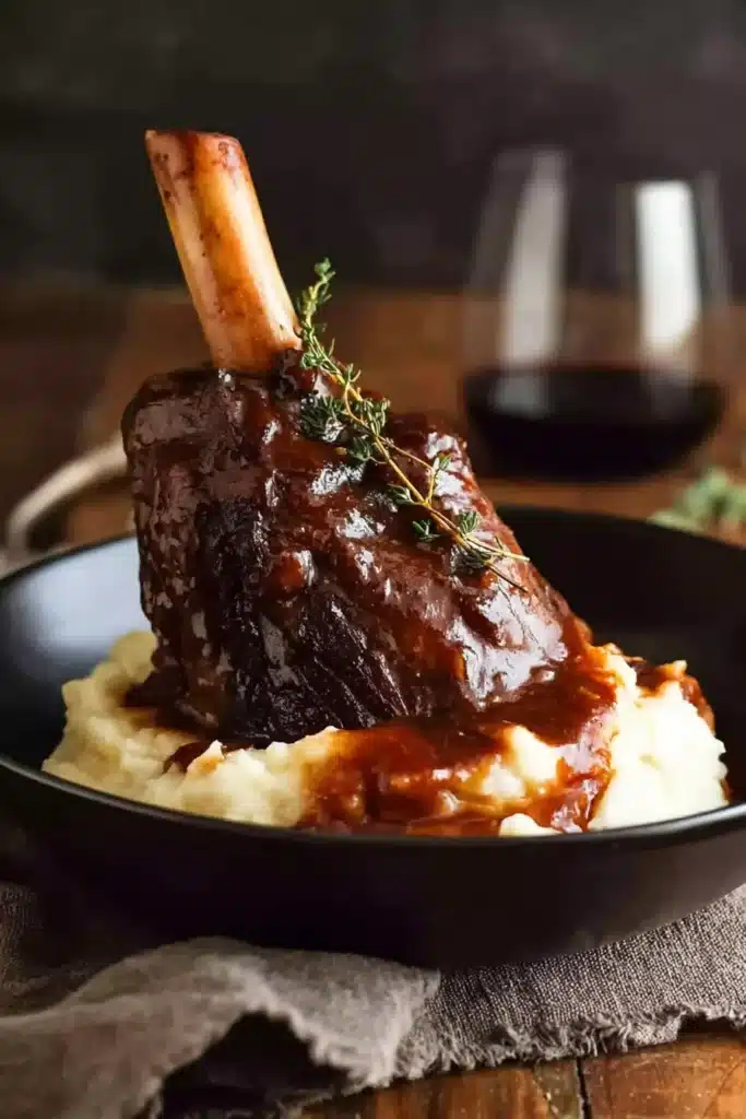 Slow Cooked Lamb Shanks in Red Wine Sauce served upright on mashed potatoes