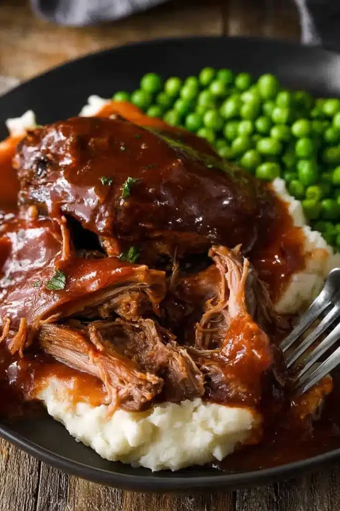 Slow Cooked Lamb Shanks in Red Wine Sauce pulled apart with fork over mashed potatoes