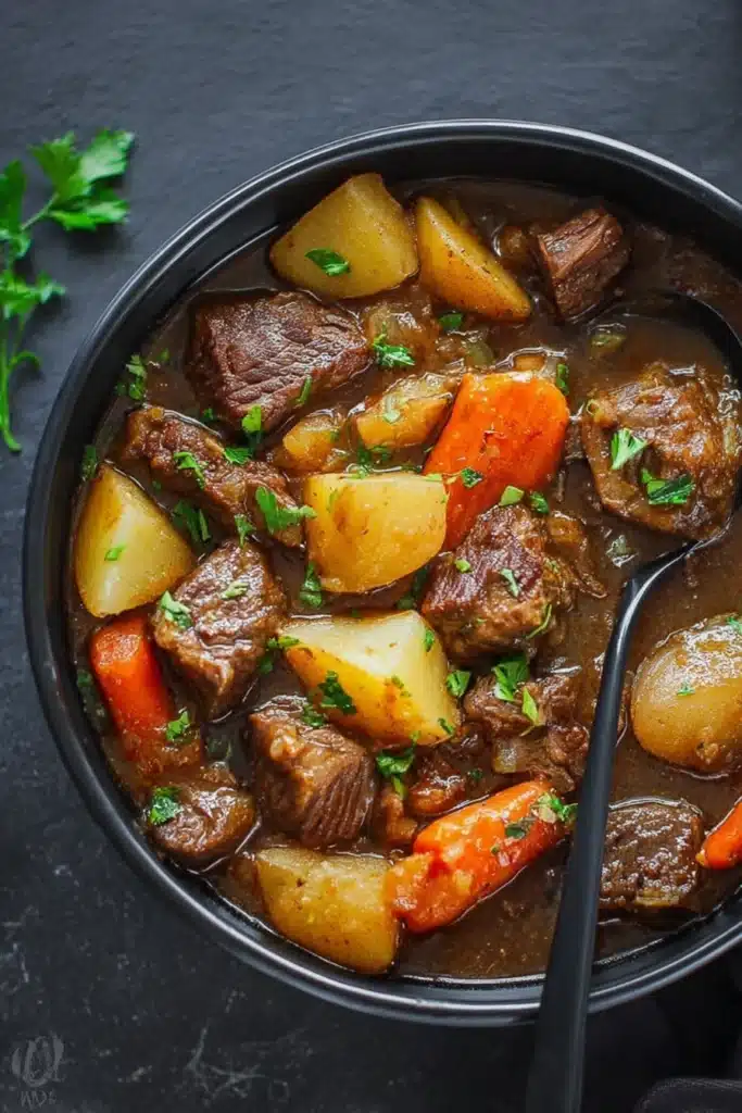 Bowl of slow cooker beef stew with tender beef, carrots, and potatoes