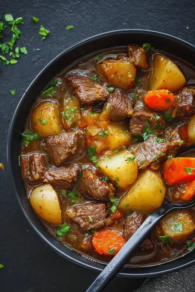 Bowl of slow cooker beef stew with tender beef, carrots, and potatoes