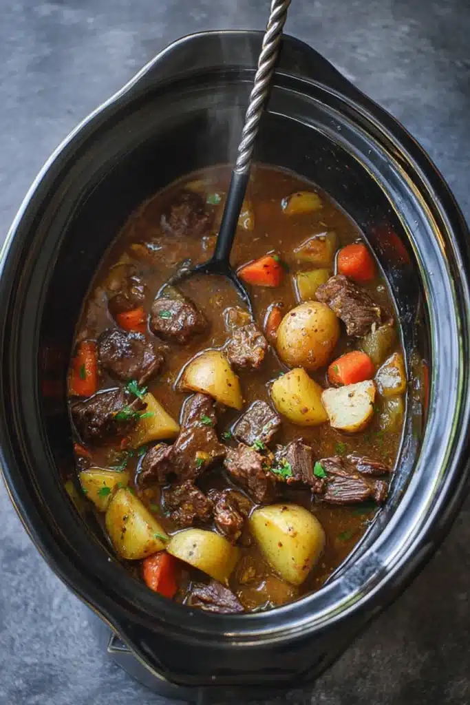 Slow cooker beef stew with carrots and potatoes in glossy brown broth
