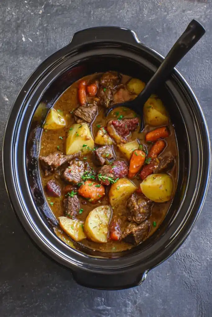 Slow cooker beef stew with potatoes and carrots in a black crockpot