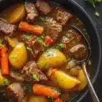 Hearty slow cooker beef stew with carrots, potatoes, and parsley in a bowl
