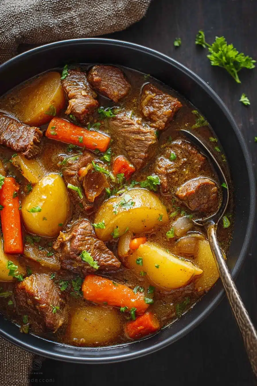 Hearty slow cooker beef stew with carrots, potatoes, and parsley in a bowl