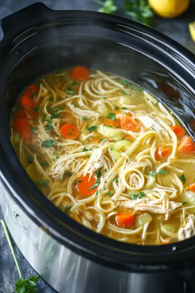 Slow cooker chicken noodle soup simmering with carrots, celery, and noodles