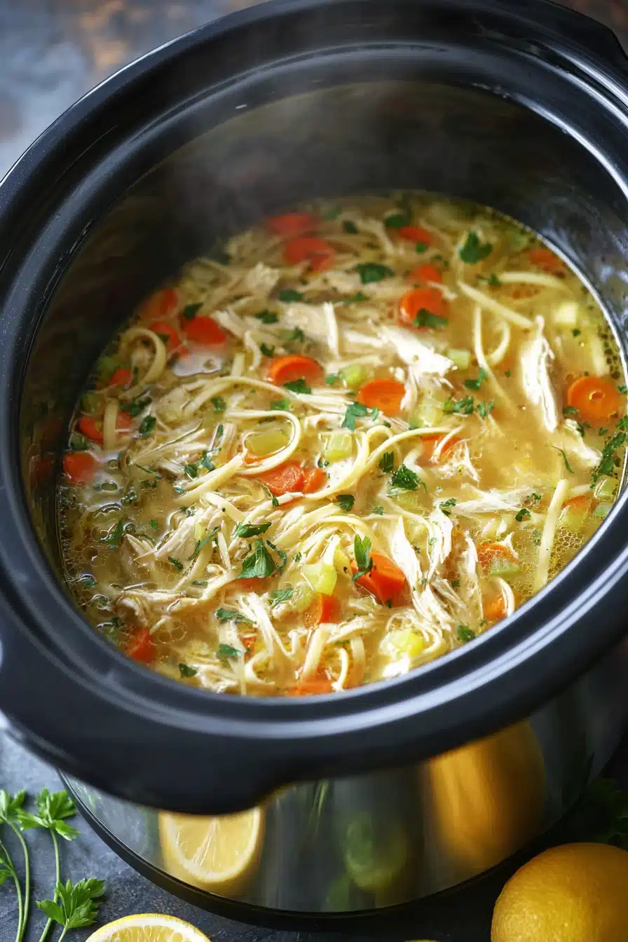 Slow cooker chicken noodle soup with carrots, celery, and parsley in a pot