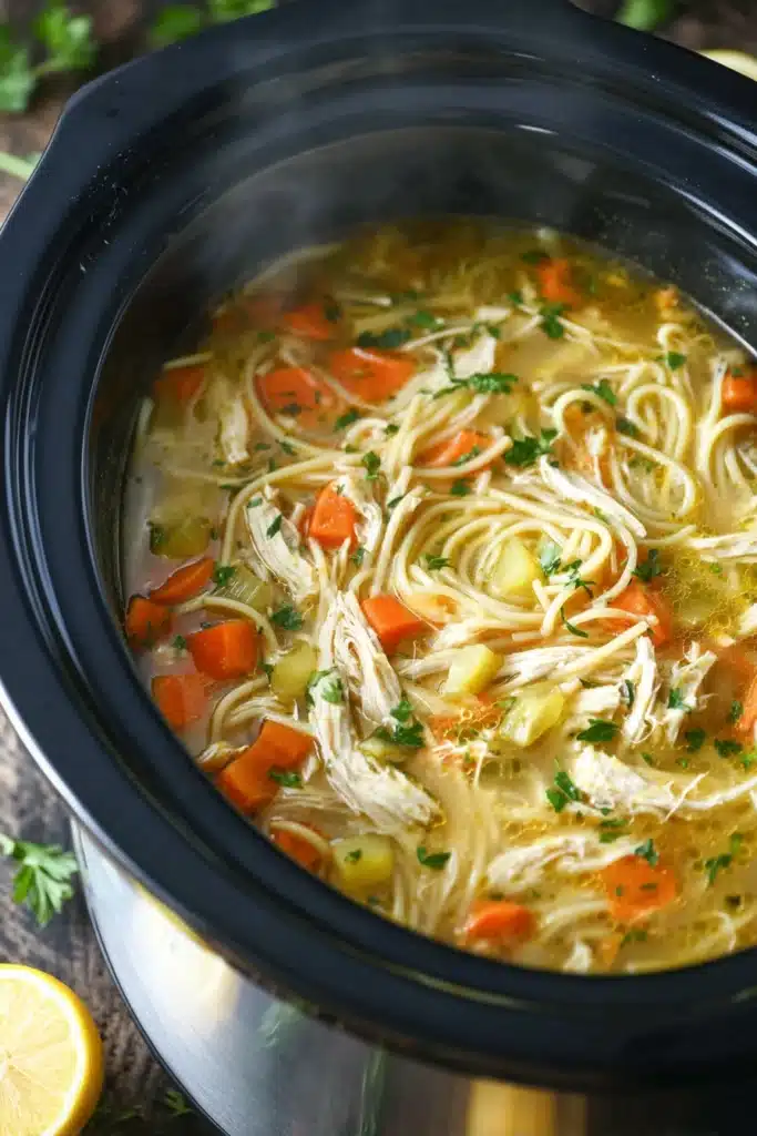 Slow cooker chicken noodle soup simmering with noodles, chicken, carrots, and celery