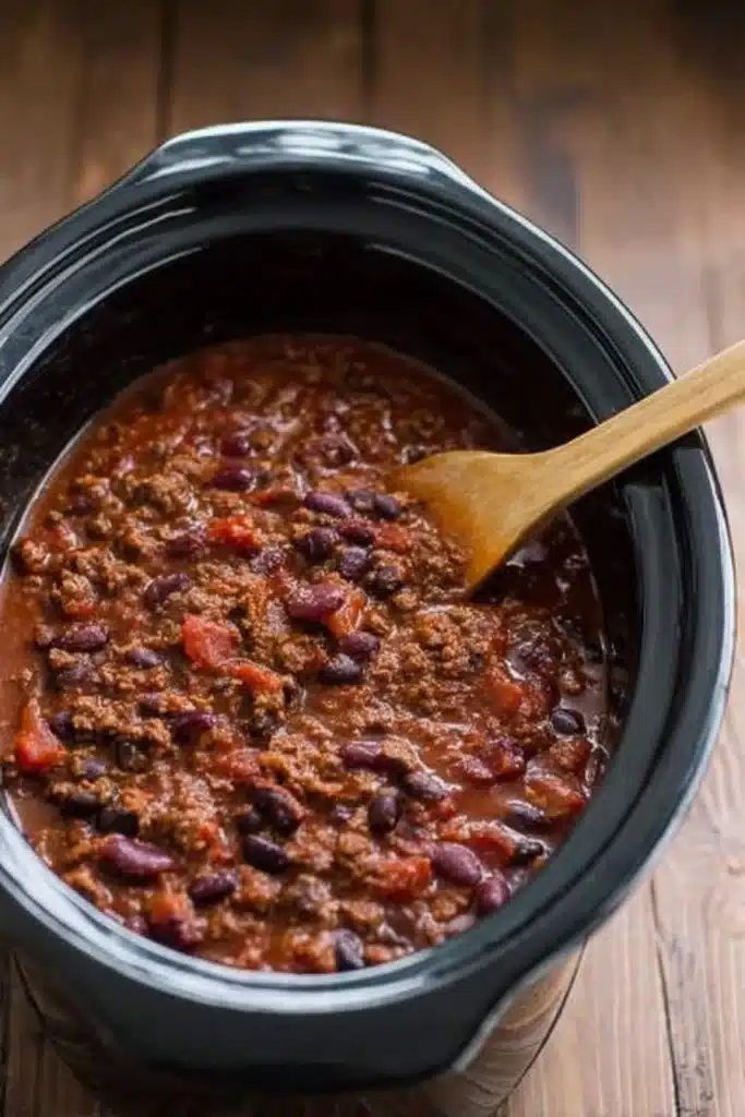 Slow cooker chili recipe simmering with beef, beans, and tomatoes