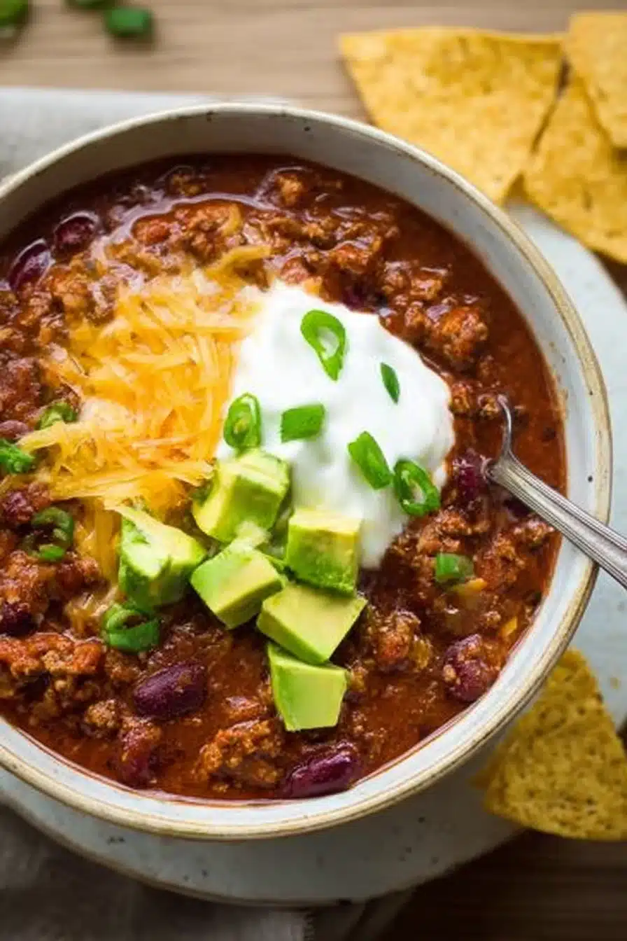 Bowl of slow cooker chili with avocado, sour cream, cheese, and tortilla chips