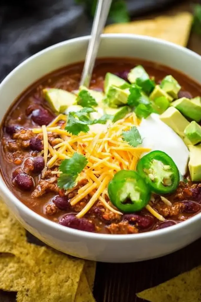 Bowl of slow cooker chili topped with avocado, sour cream, cheese, jalapeños, and cilantro