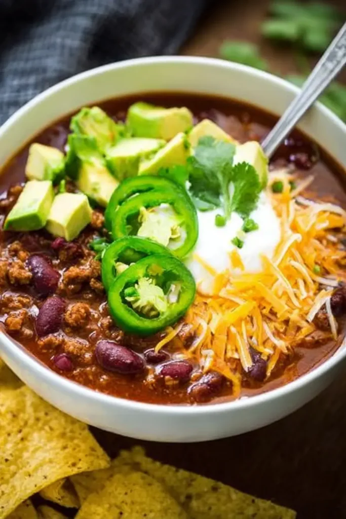 Bowl of slow cooker chili topped with avocado, sour cream, cheese, jalapeños, and cilantro