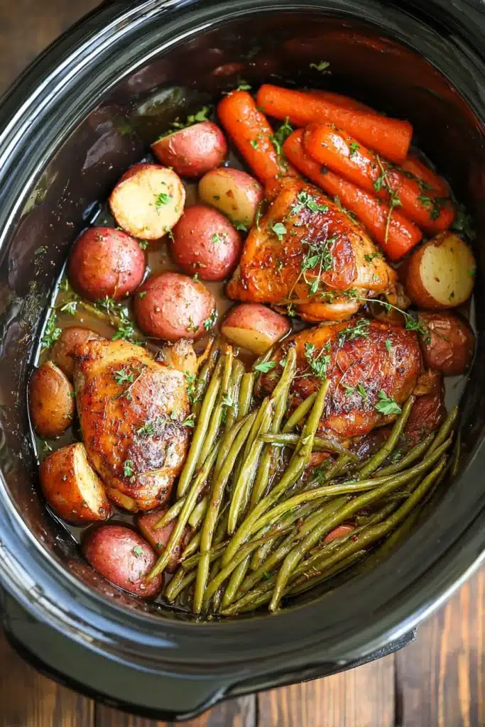 Slow Cooker Honey Garlic Chicken and Veggies in crockpot with carrots, potatoes, and green beans