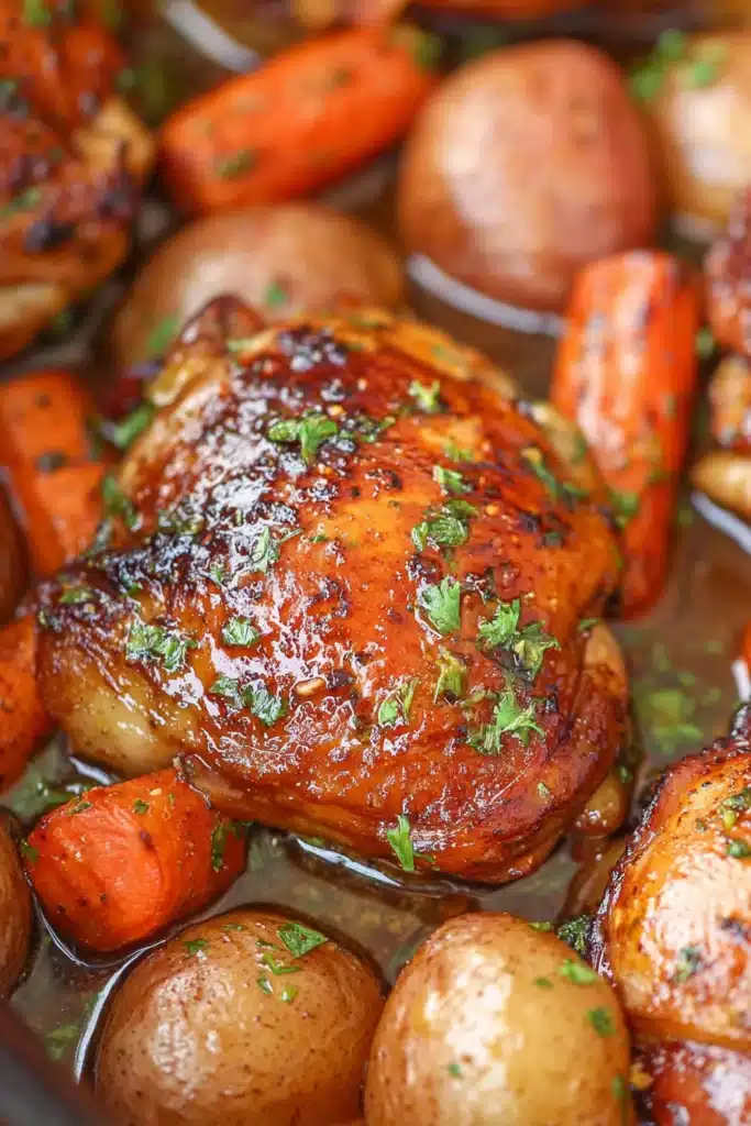 Slow Cooker Honey Garlic Chicken and Veggies close-up with carrots and potatoes