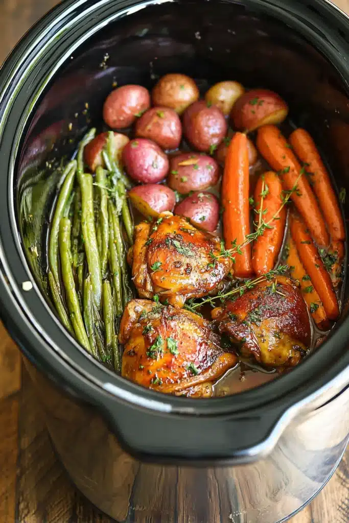 Slow Cooker Honey Garlic Chicken and Veggies with potatoes, carrots, and green beans