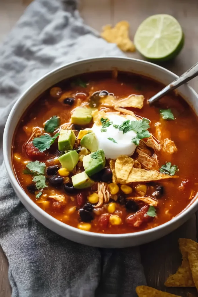 Slow Cooker Mexican Chicken Soup with avocado, sour cream, and tortilla chips in bowl