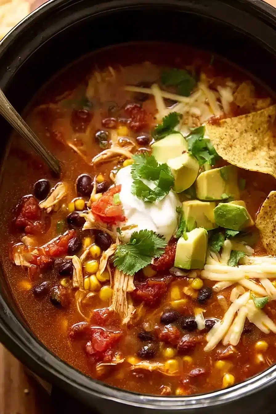 Slow Cooker Mexican Chicken Soup with avocado, corn, and sour cream