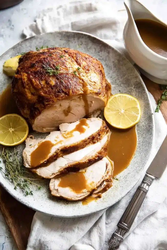 Juicy Slow Cooker Turkey Breast – Simple & Sensational 9 Juicy slow cooker turkey breast sliced and served with gravy, lemon, and herbs