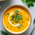 Creamy spicy butternut squash and sweet potato soup with herbs and coconut swirl