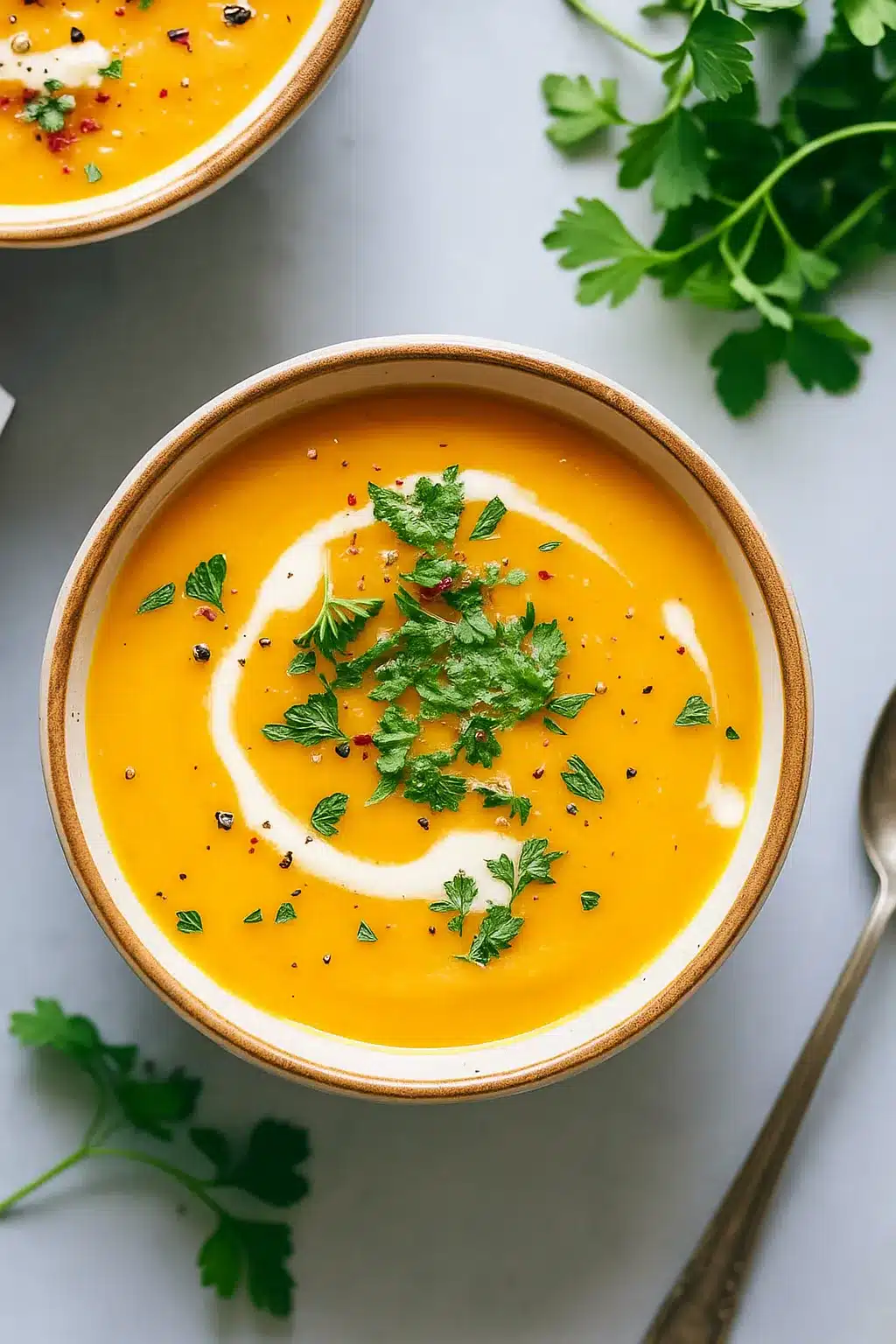 Creamy spicy butternut squash and sweet potato soup with herbs and coconut swirl