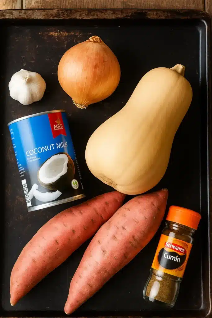 Ingredients for Spicy Butternut Squash and Sweet Potato Soup on white-gray surface