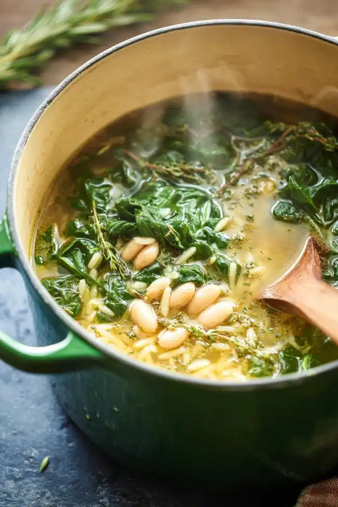 Rustic spinach and white bean soup with orzo simmering in a green Dutch oven