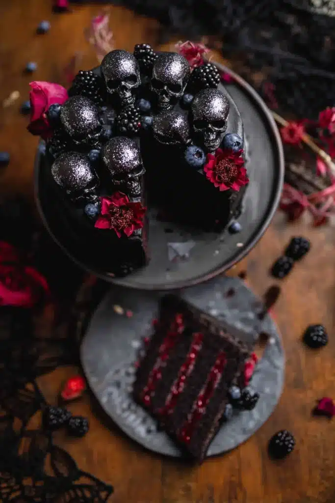 Spooky Black Velvet Halloween Cake slice with chocolate skulls and blackberry topping