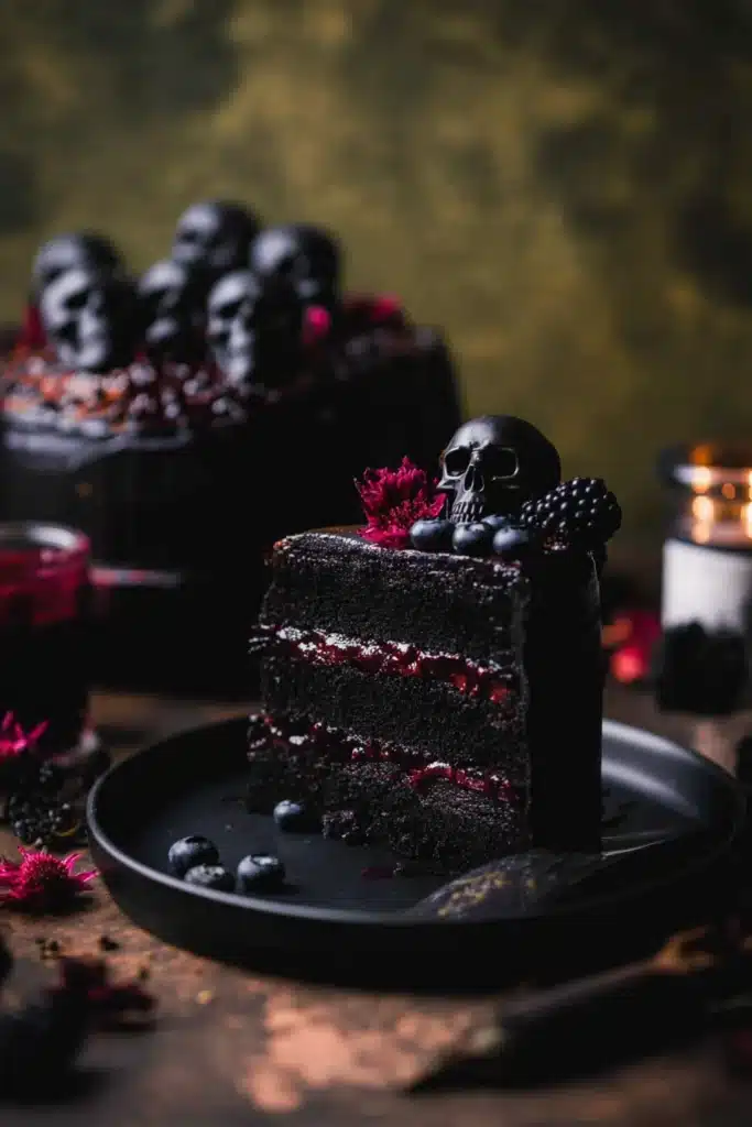 Spooky Black Velvet Halloween Cake with chocolate skulls and berry compote filling