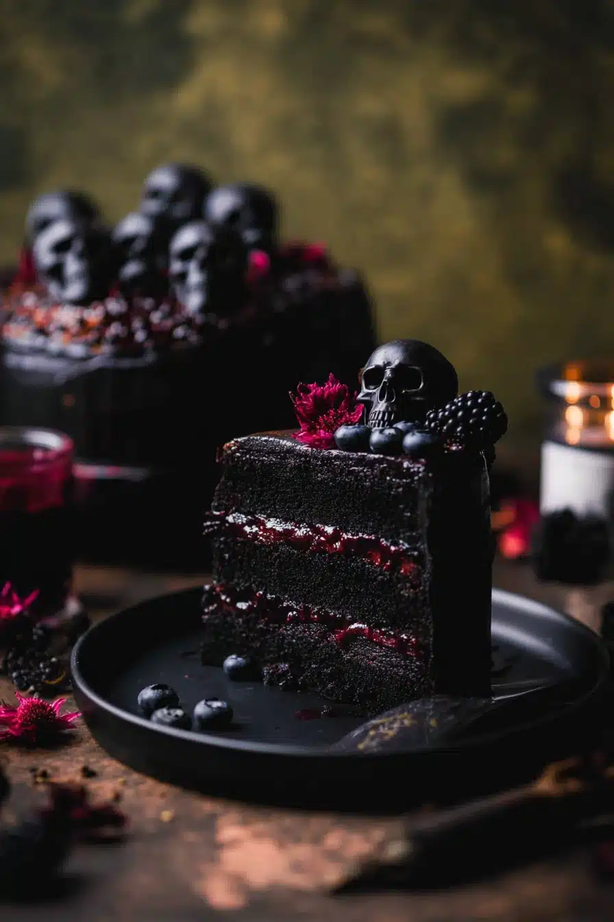 Spooky Black Velvet Halloween Cake with chocolate skulls and berry compote filling