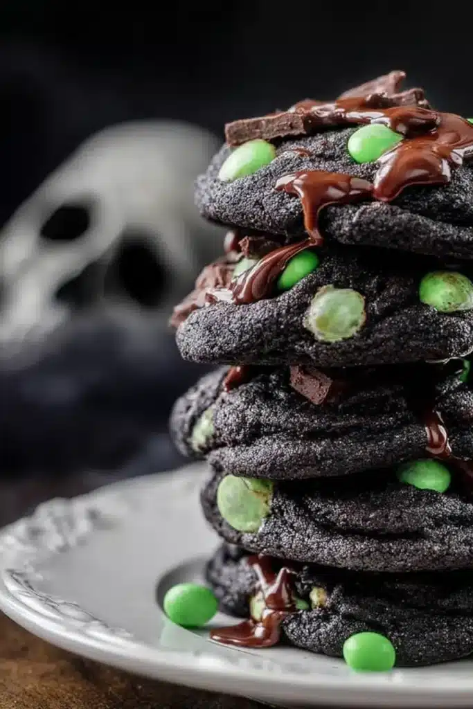 Fun Mint Chocolate Chip Monster Cookies 8 Stack of Mint Chocolate Chip Monster Halloween Cookies with melted chocolate