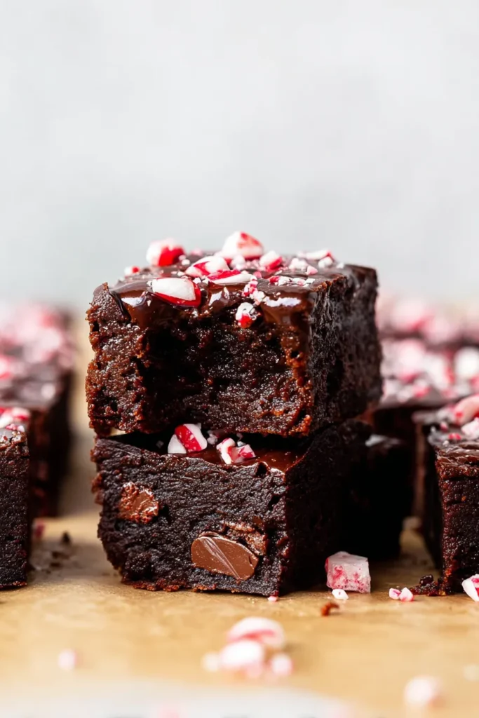 Stack of fudgy one bowl peppermint brownies topped with ganache and crushed candy canes