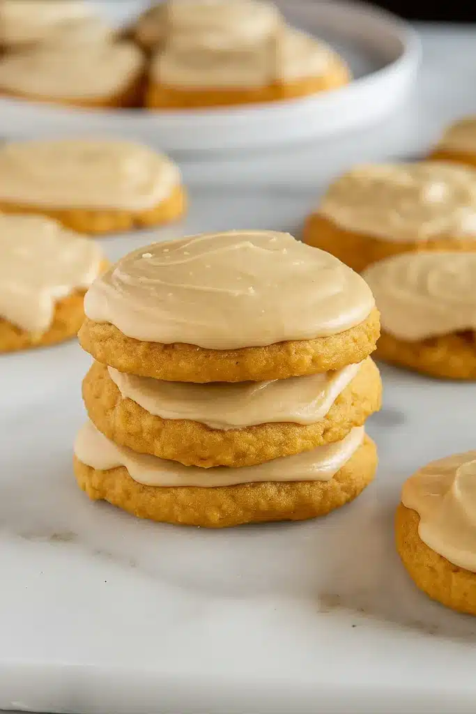Stack of pumpkin cookies with caramel frosting on marble background