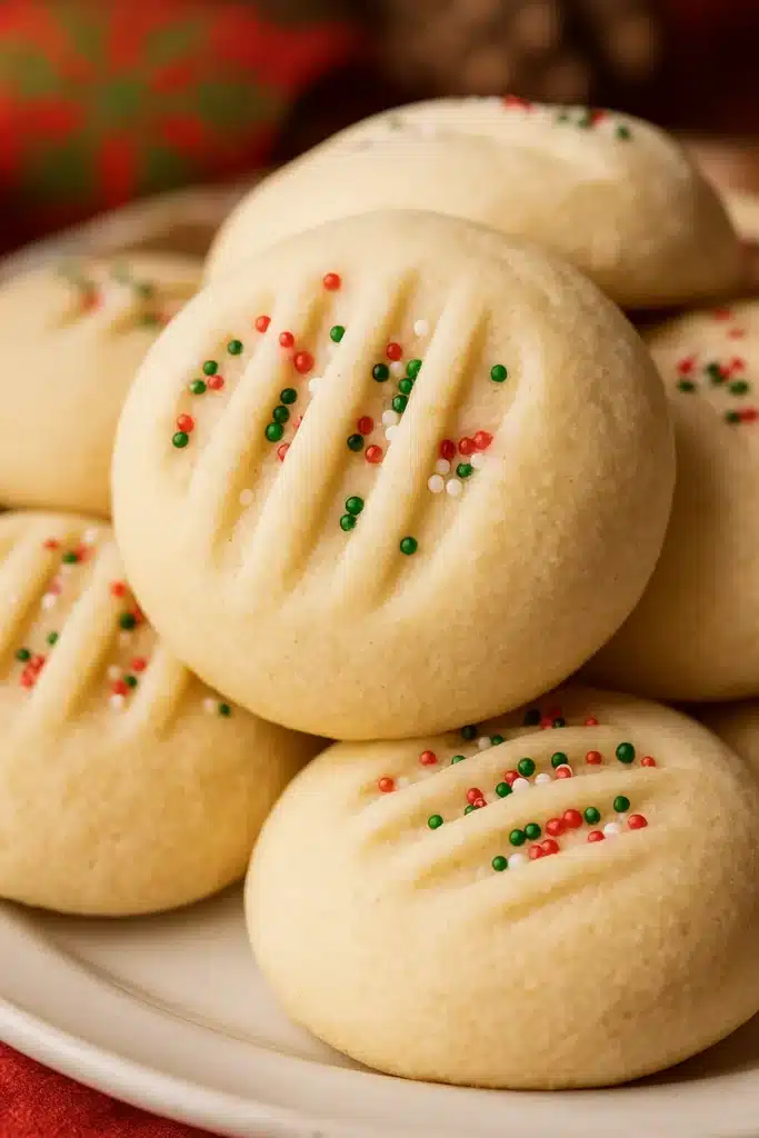 Whipped shortbread cookies stacked on a plate with holiday sprinkles