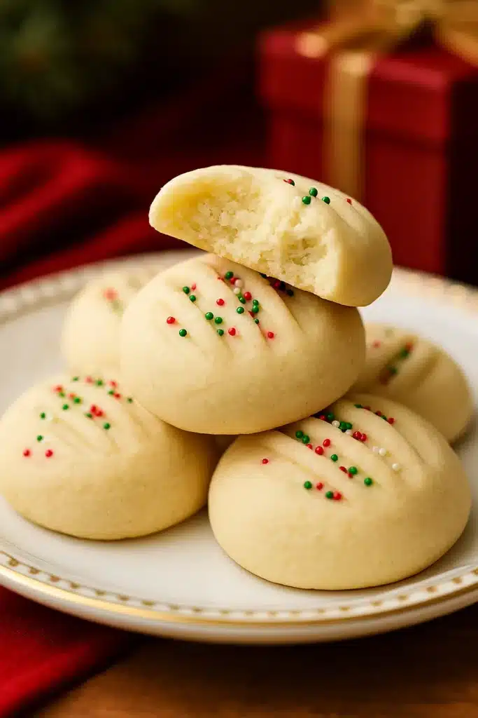 Whipped shortbread cookies stacked on white and gold plate with holiday sprinkles