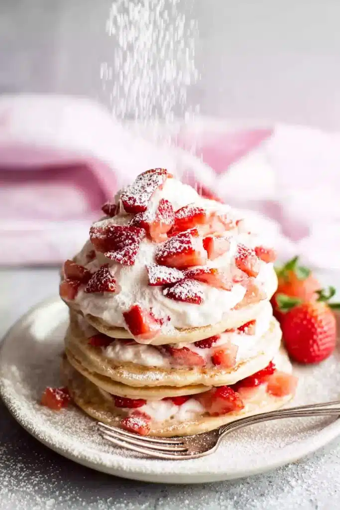 Pancakes – Fluffy & Quick Breakfast You’ll Love 11 Stack of fluffy pancakes with whipped cream and strawberries