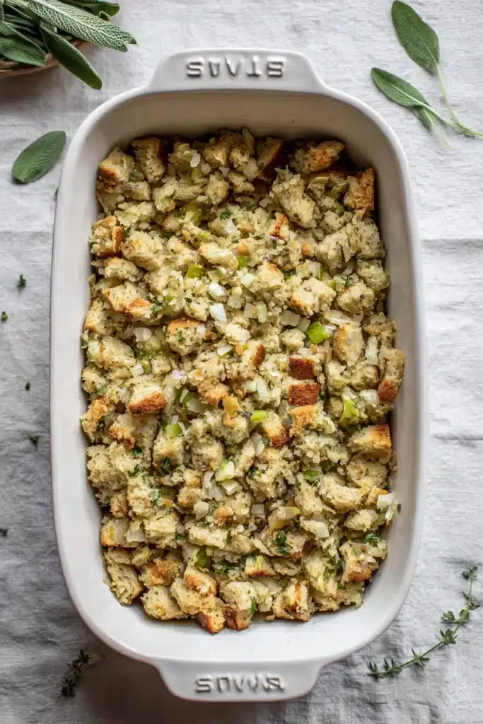 Our Favorite Buttery Herb Stuffing | Ultimate Holiday Side 16 Unbaked herb stuffing mixture in white baking dish before oven