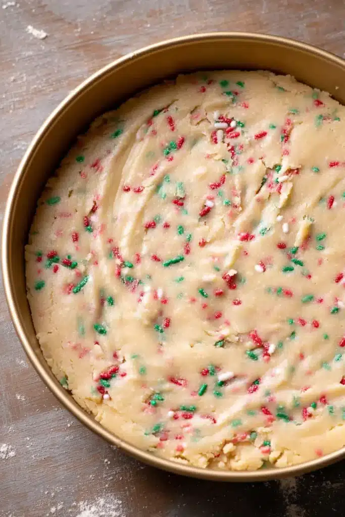 Unbaked sugar cookie cheesecake crust pressed into a round pan with holiday sprinkles
