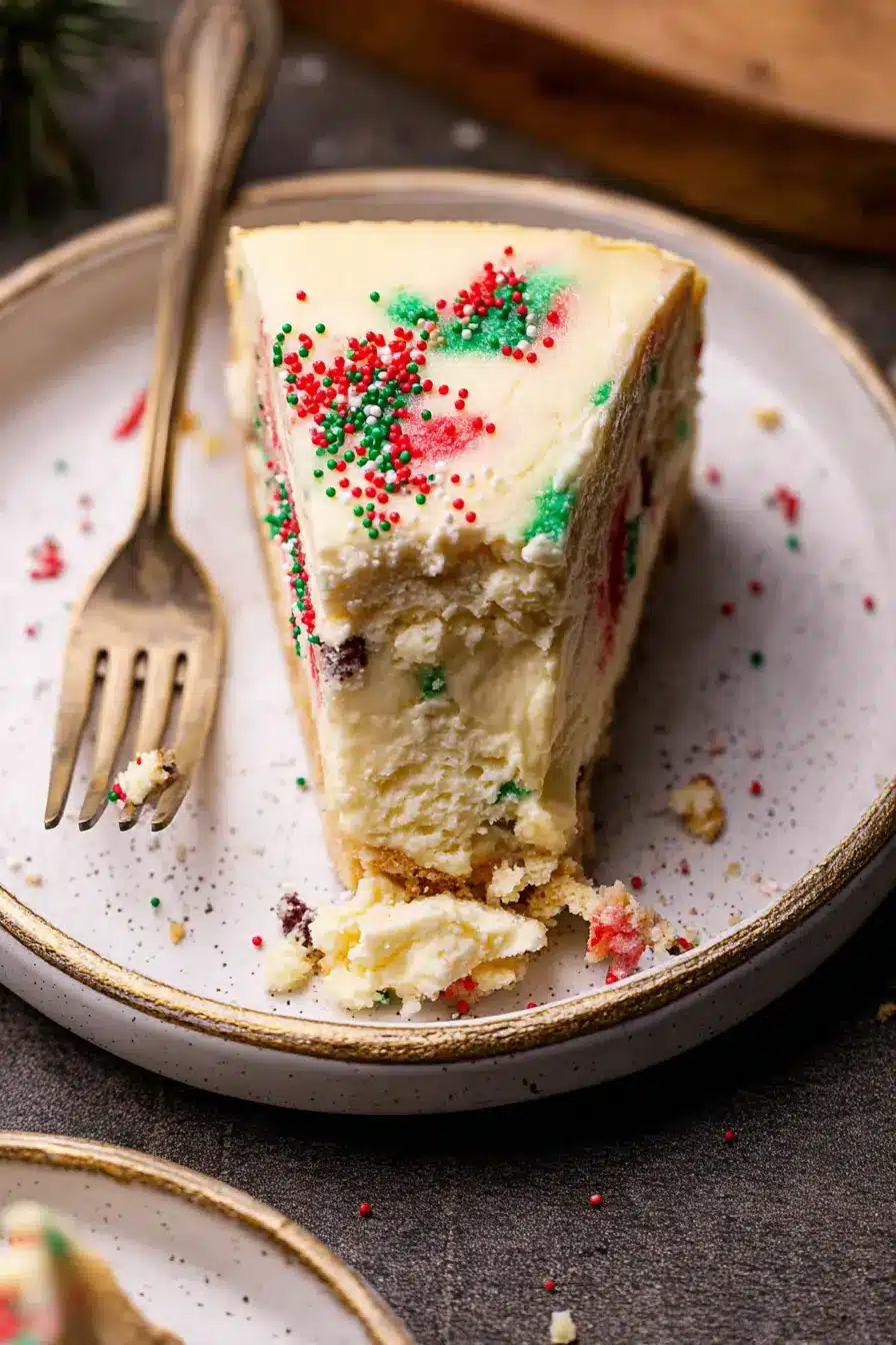 Slice of sugar cookie cheesecake with sprinkles on a plate with vintage fork