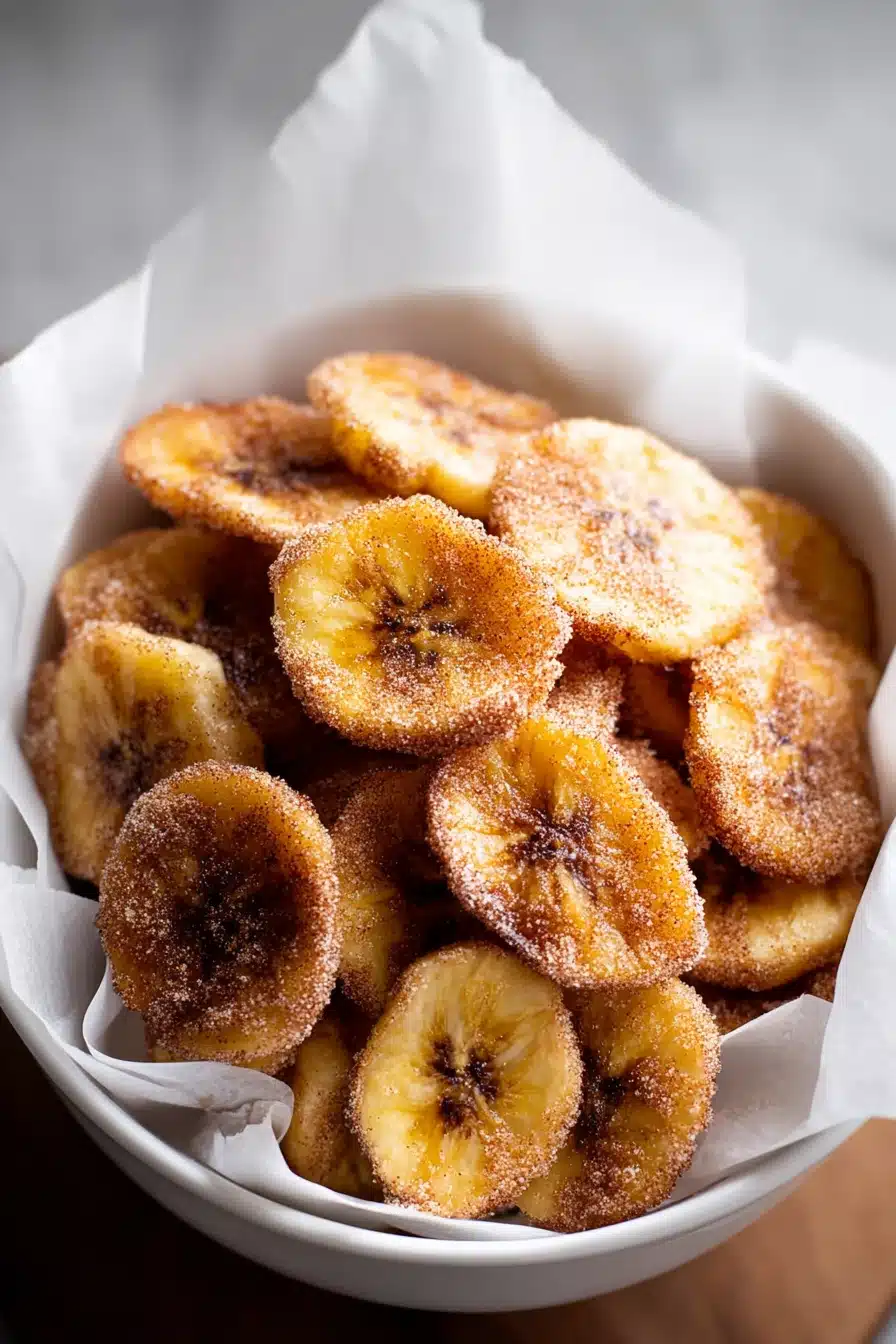 easy Cinnamon Air Fryer Banana Chips in a white bowl on gray table