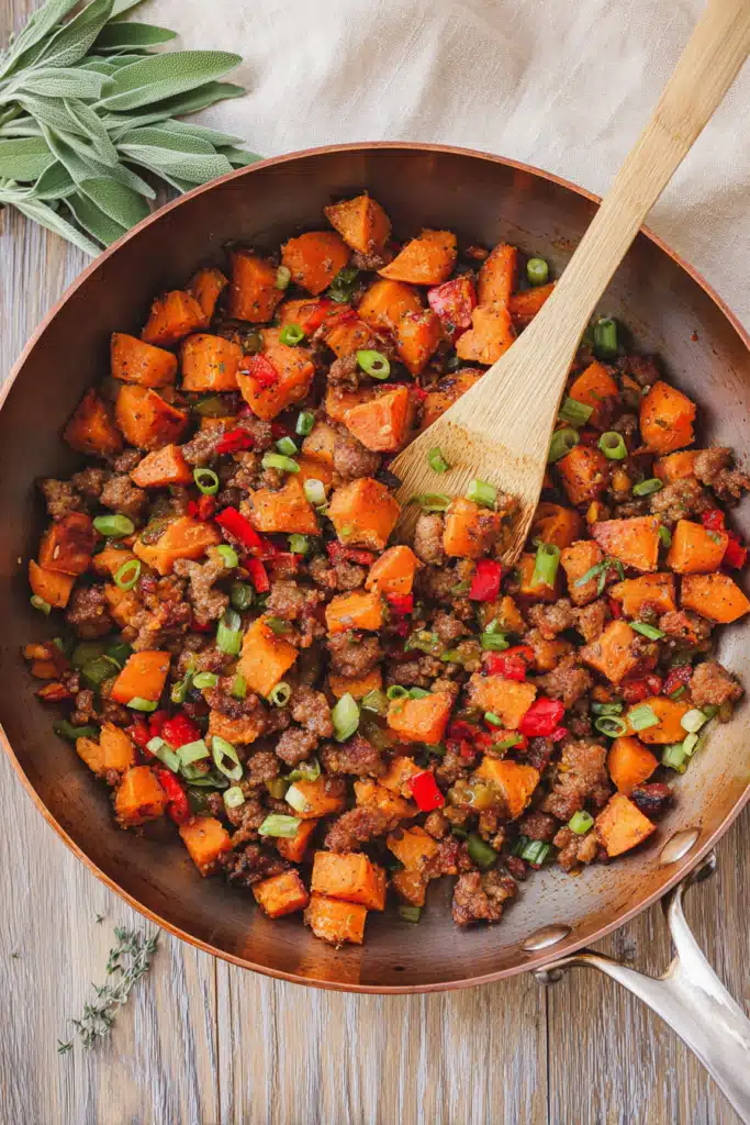 Sweet potato breakfast hash in skillet with sausage and peppers