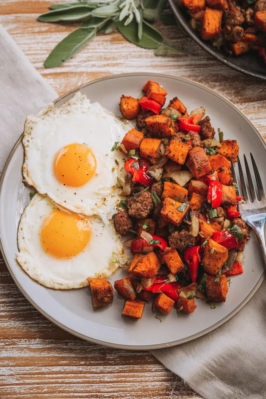Sweet potato breakfast hash with sausage and Mickey-shaped eggs on a white plate