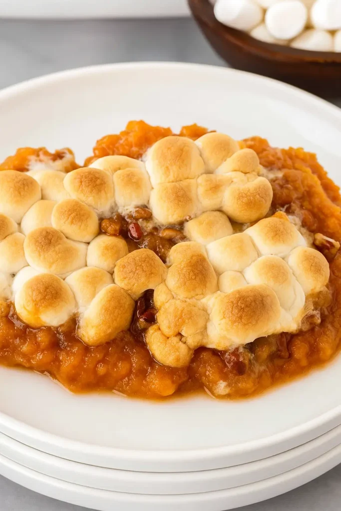 Served sweet potato casserole with toasted marshmallows on white plate