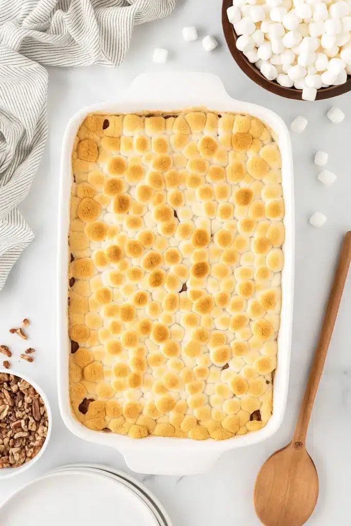 Sweet Potato Casserole with Marshmallows in white dish with toasted topping