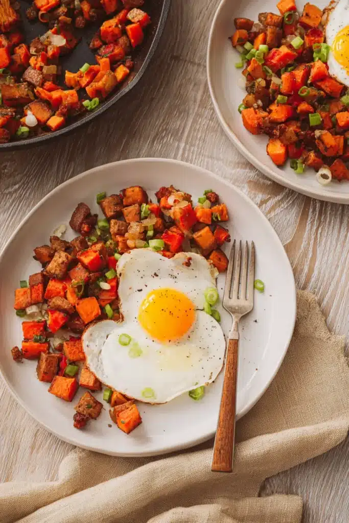 Sweet potato breakfast hash with Mickey-shaped egg on plate
