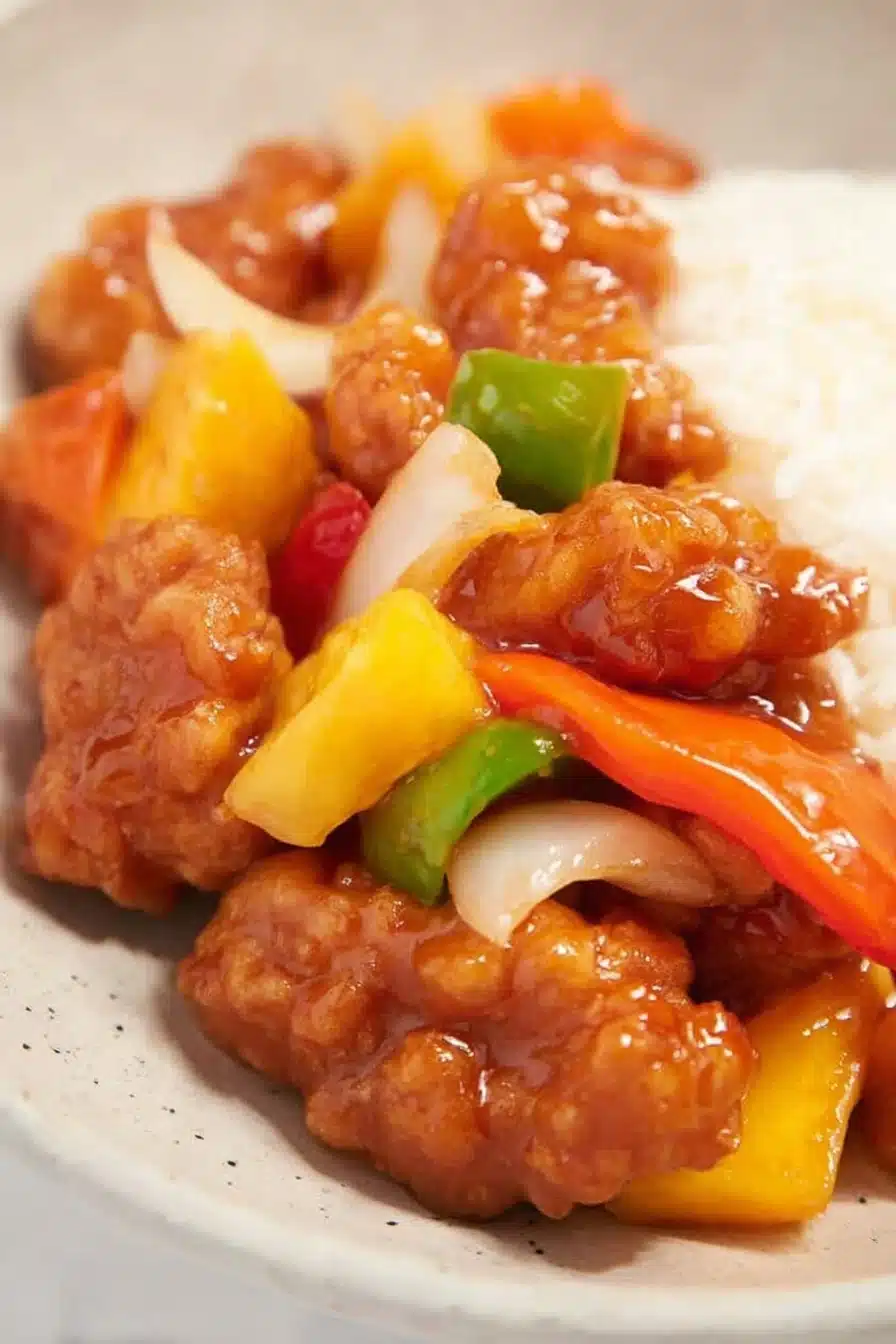 Crispy sweet and sour chicken with bell peppers, onions, and pineapple in tangy sauce